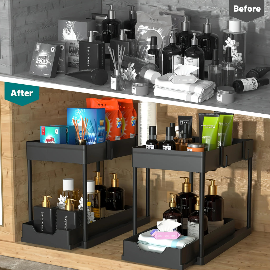 2-Tier Under Sink Sliding Cabinet Organizer Rack with Hooks & Hanging Cup