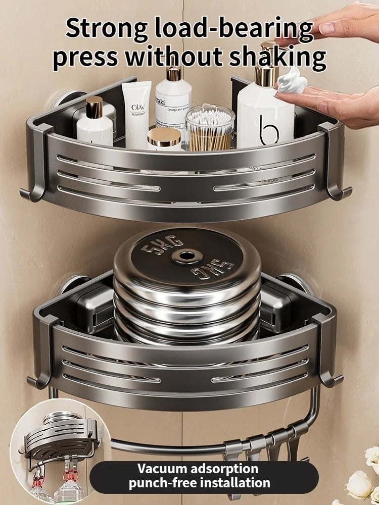 Suction Cup Wall-Mounted Bathroom Corner Storage Shelf – Space Aluminium Organiser Rack