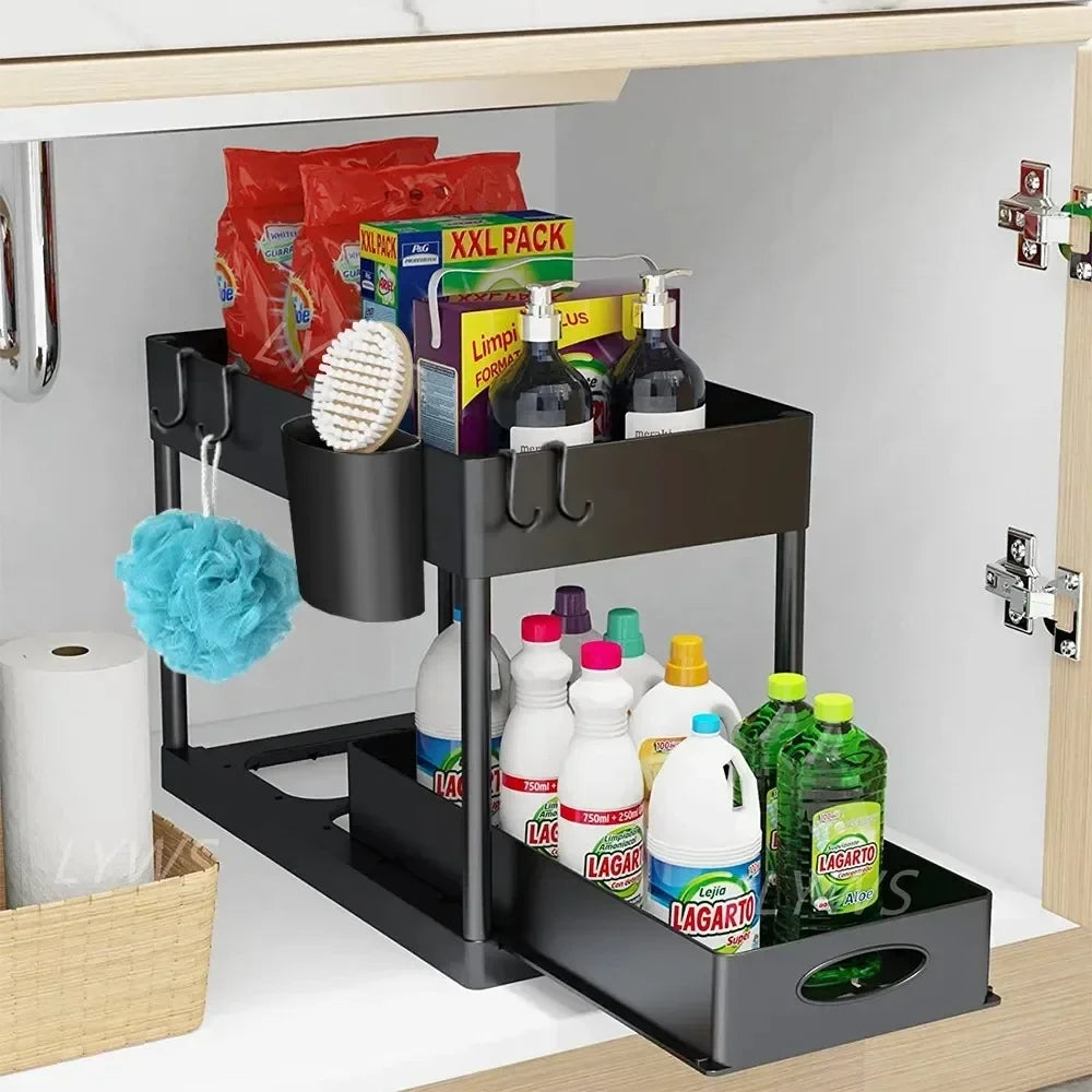 2-Tier Under Sink Sliding Cabinet Organizer Rack with Hooks & Hanging Cup