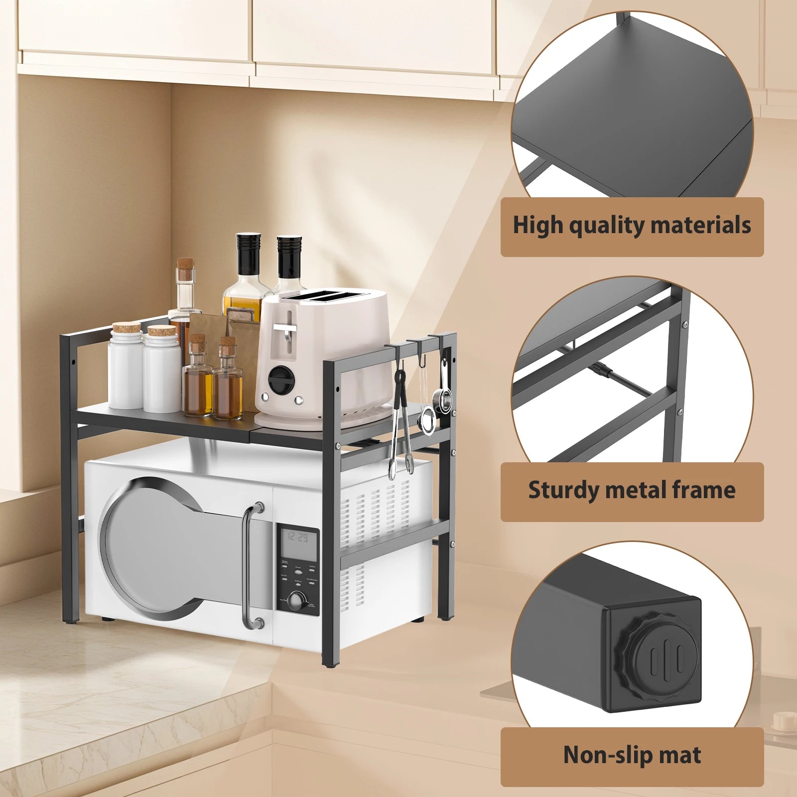 Expandable 2-Tier Microwave & Kitchen Countertop Rack with Hooks