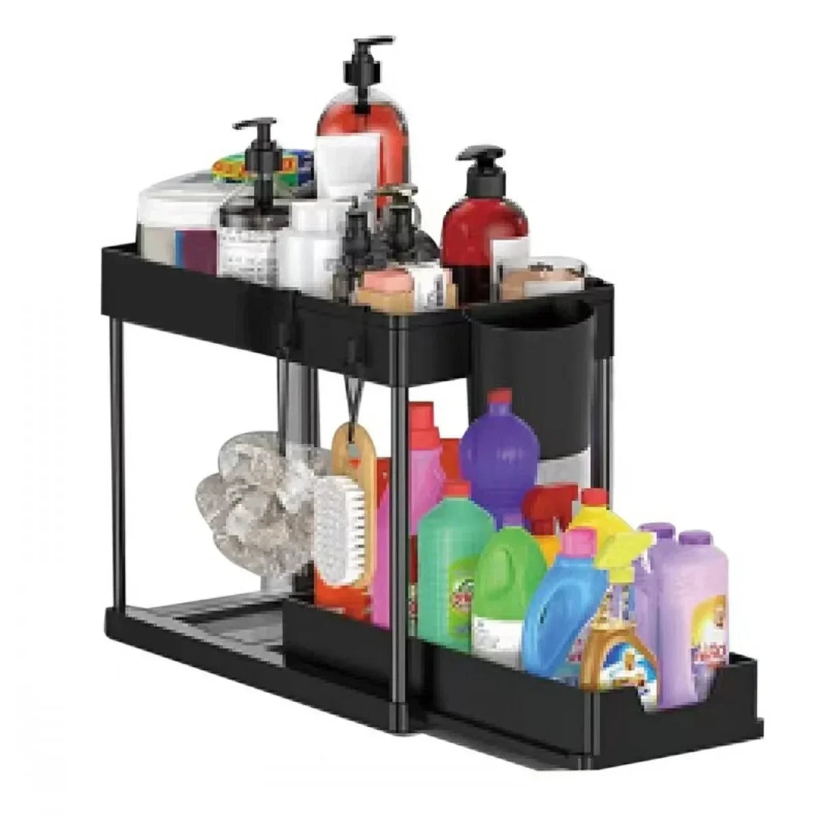 2-Tier Under Sink Sliding Cabinet Organizer Rack with Hooks & Hanging Cup