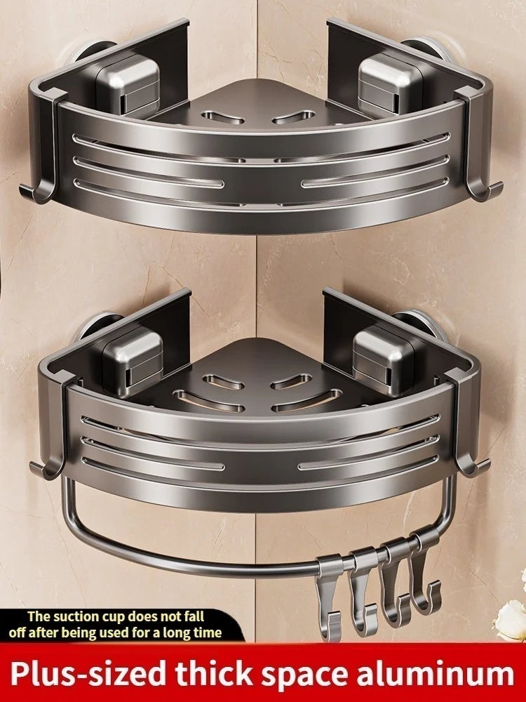 Suction Cup Wall-Mounted Bathroom Corner Storage Shelf – Space Aluminium Organiser Rack