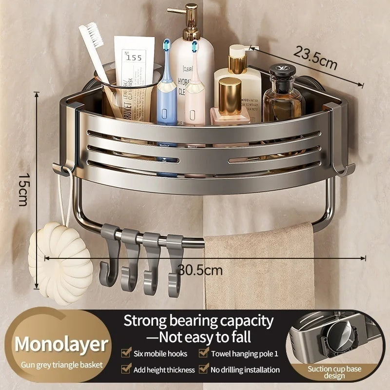 Suction Cup Wall-Mounted Bathroom Corner Storage Shelf – Space Aluminium Organiser Rack