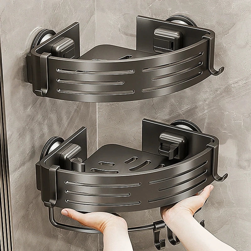 Suction Cup Wall-Mounted Bathroom Corner Storage Shelf – Space Aluminium Organiser Rack