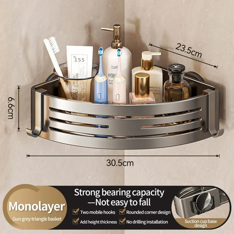 Suction Cup Wall-Mounted Bathroom Corner Storage Shelf – Space Aluminium Organiser Rack