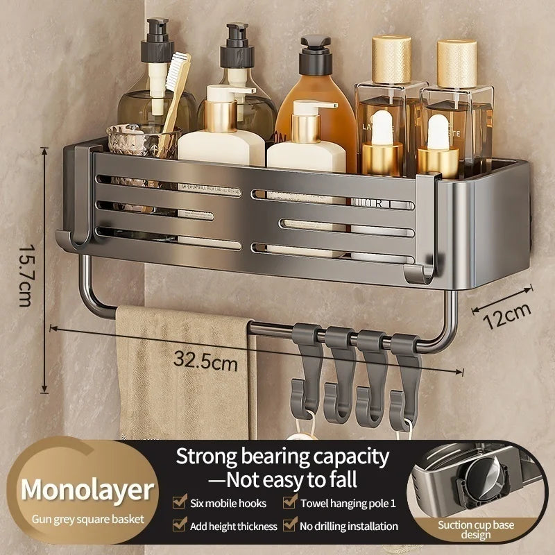 Suction Cup Wall-Mounted Bathroom Corner Storage Shelf – Space Aluminium Organiser Rack