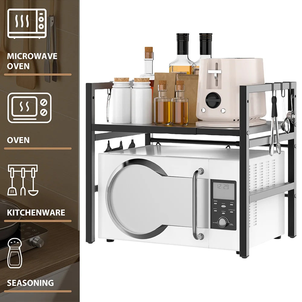 Expandable 2-Tier Microwave & Kitchen Countertop Rack with Hooks