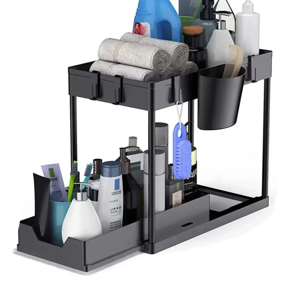 2-Tier Under Sink Sliding Cabinet Organizer Rack with Hooks & Hanging Cup