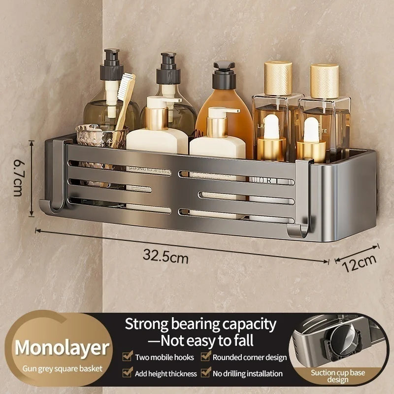 Suction Cup Wall-Mounted Bathroom Corner Storage Shelf – Space Aluminium Organiser Rack