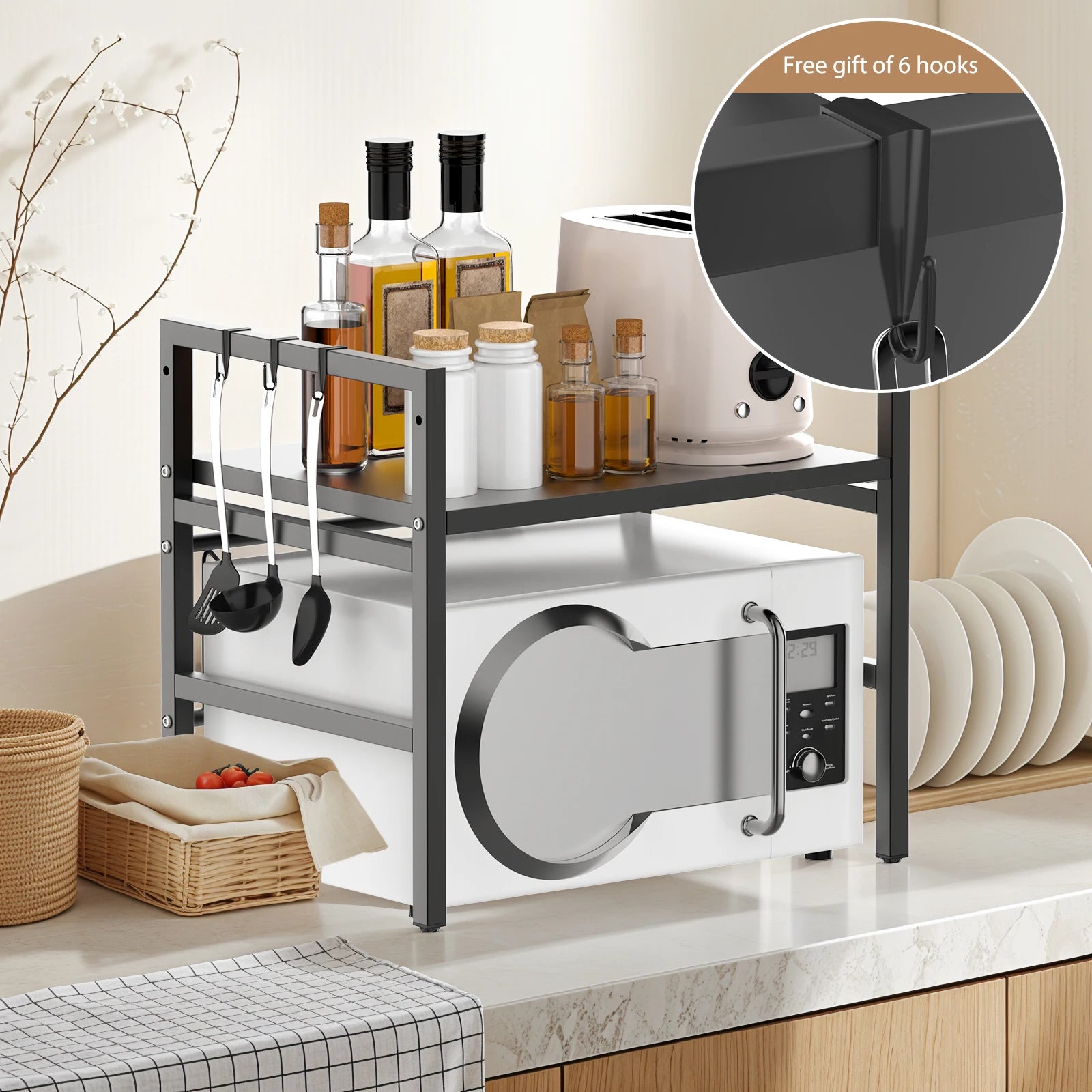 Expandable 2-Tier Microwave & Kitchen Countertop Rack with Hooks