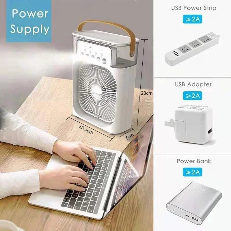 3-in-1 Desk Fan, Humidifier & Mood Light — USB Powered, Portable