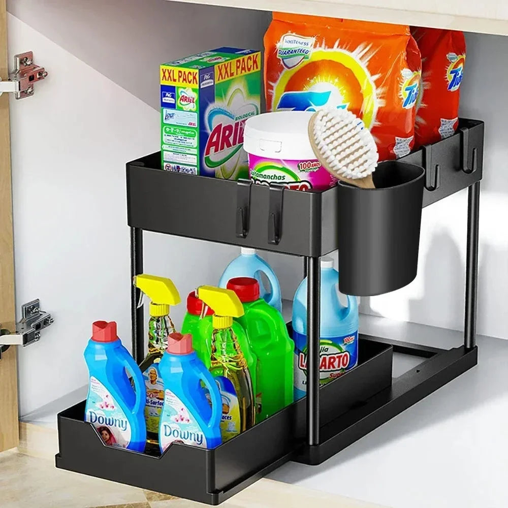 2-Tier Under Sink Sliding Cabinet Organizer Rack with Hooks & Hanging Cup
