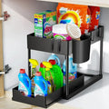 2-Tier Under Sink Sliding Cabinet Organizer Rack with Hooks & Hanging Cup