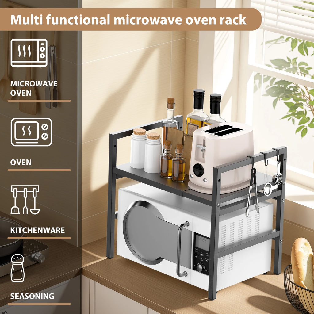 Expandable 2-Tier Microwave & Kitchen Countertop Rack with Hooks