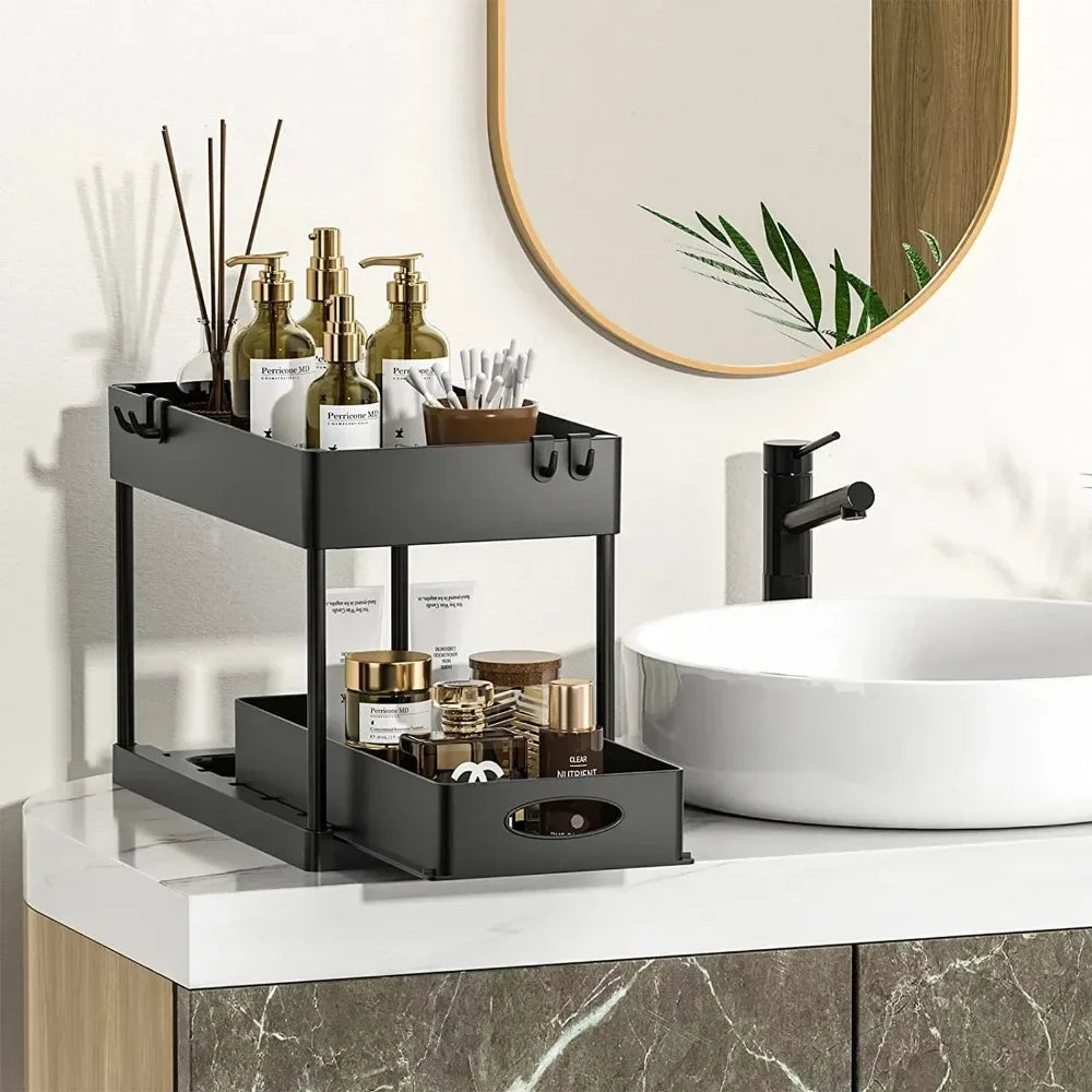 2 Tier Under Sink Sliding Cabinet Basket Organizer Storage Rack with Hooks Hanging Cup Bathroom Multifunctional Storage Rack