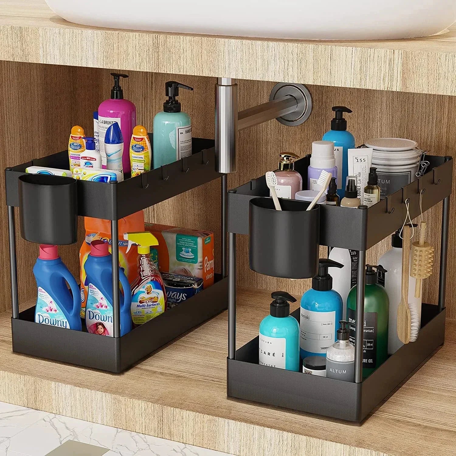 2-Tier Under Sink Sliding Cabinet Organizer Rack with Hooks & Hanging Cup