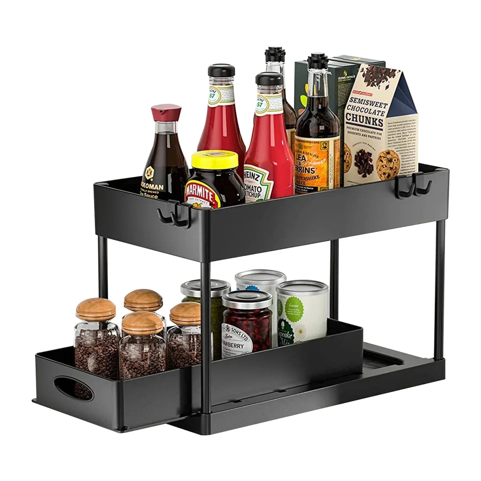2-Tier Under Sink Sliding Cabinet Organizer Rack with Hooks & Hanging Cup