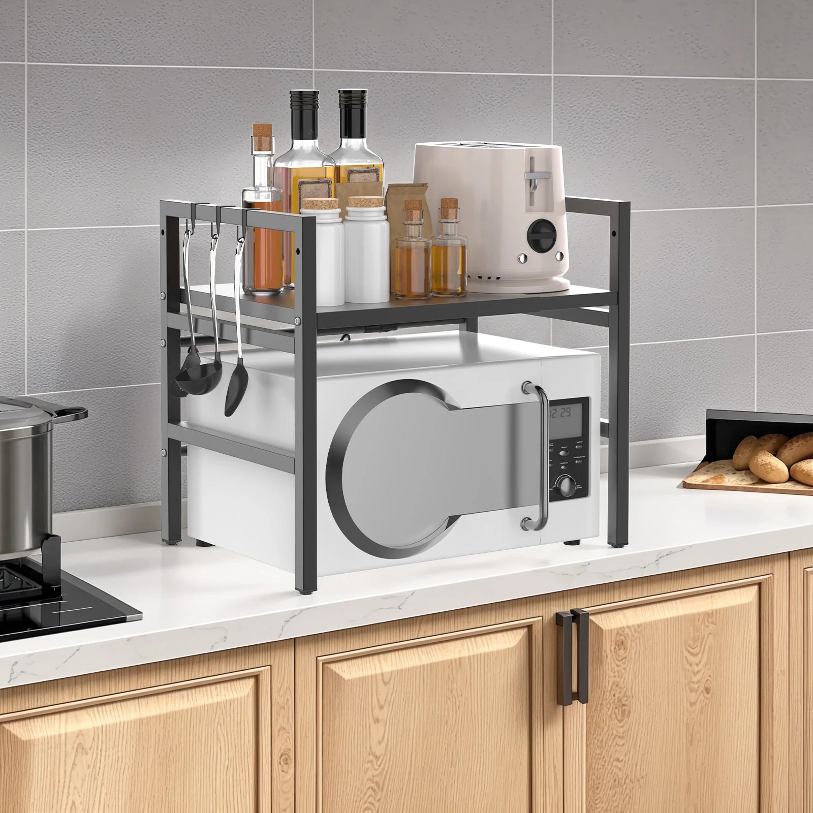 Expandable 2-Tier Microwave & Kitchen Countertop Rack with Hooks